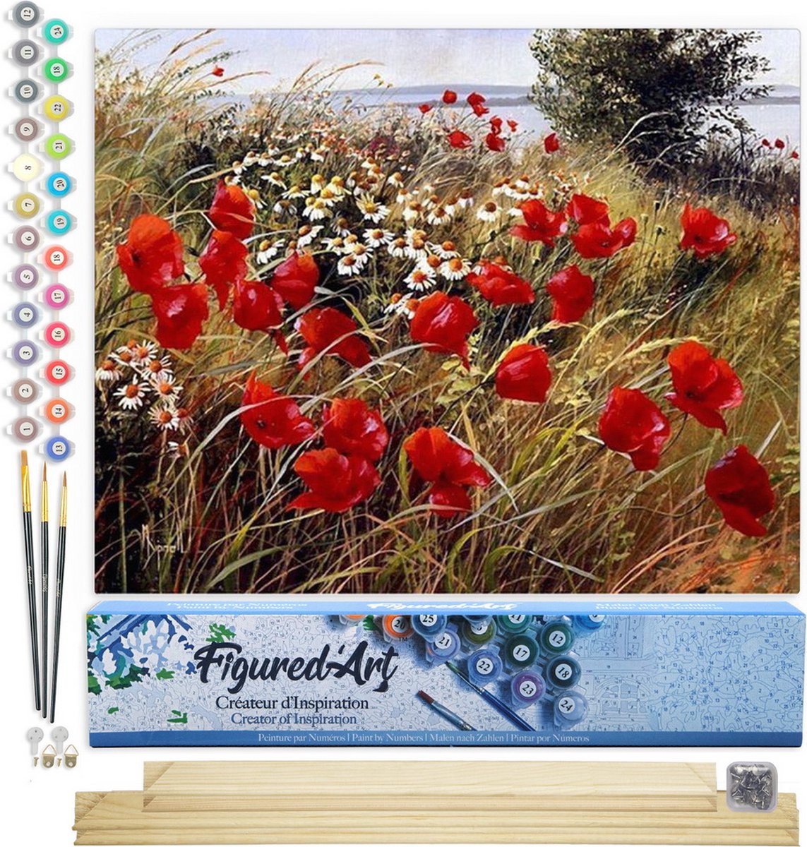FiguredArt Schilderen op Nummer Volwassenen canvas Wilde bloemen op het platteland - Handwerk acrylverf Kit DIY Compleet - 40x50cm met DIY houten lijst